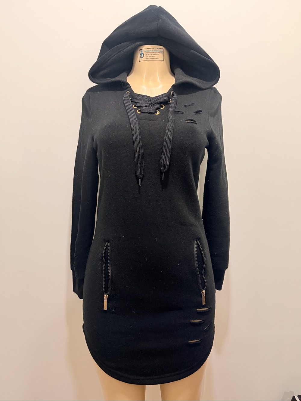 Black Hooded Lace-Up Sweatshirt with Cuts and Zip Up Pockets Tunic Hoodie Dress
